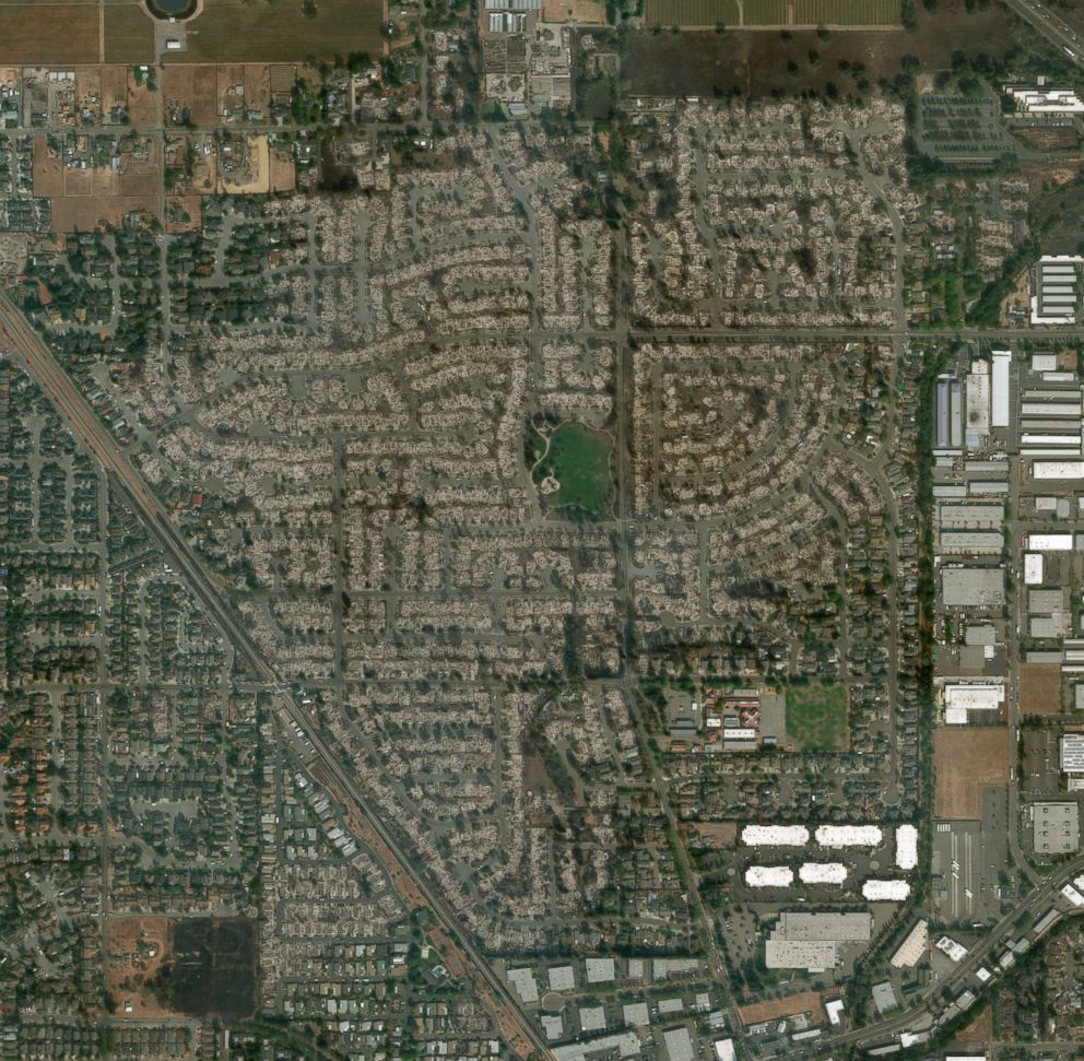 PHOTO: A satellite image made on Oct. 11, 2017 shows damage to structures in the Coffey Park neighborhood of Santa Rosa, Calif. after nearly two dozen fires tore through the Golden State..