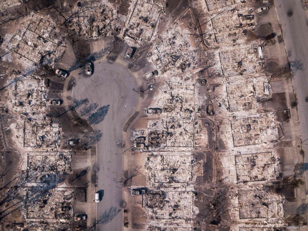 PHOTO: Fire damage is seen from the air in the Coffey Park neighborhood on Oct. 11, 2017, in Santa Rosa, Calif.