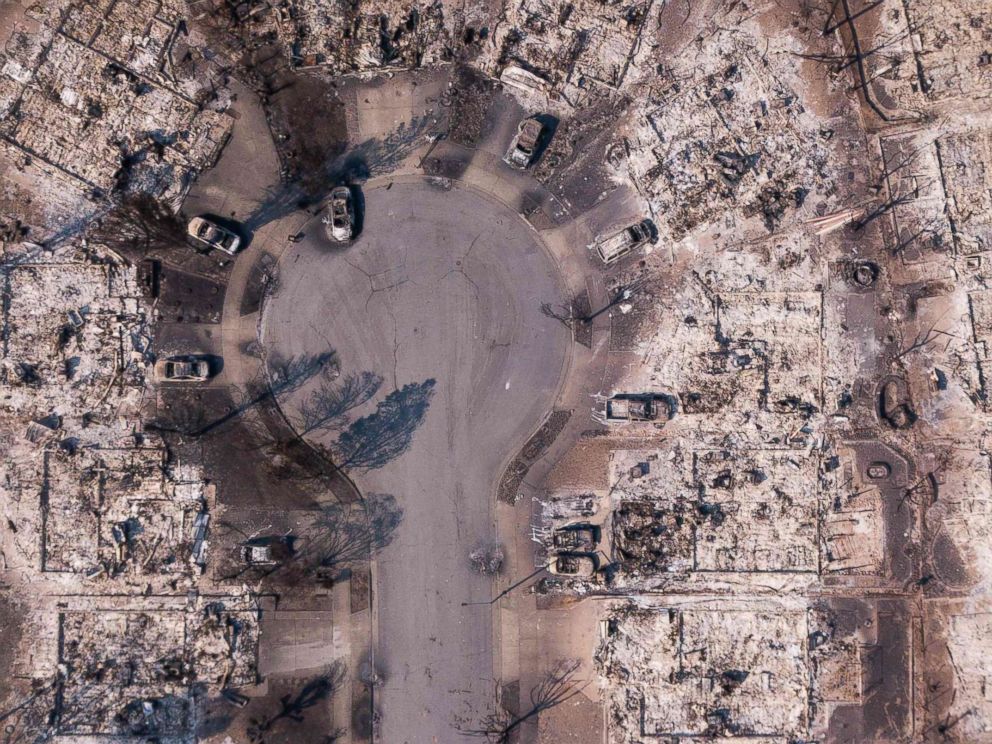 PHOTO: Fire damage is seen from the air in the Coffey Park neighborhood on Oct. 11, 2017, in Santa Rosa, Calif.
