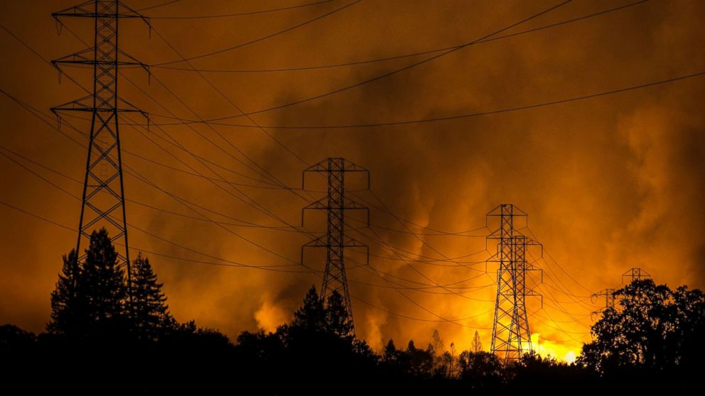 A firestorm that began in Napa Valley's Calistoga, roars down the hills from Fountaingrove and into the Coffey Park and Orchard Mobile Home Park neighborhoods, Oct. 9, 2017, in Santa Rosa, Calif.