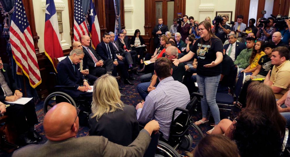 PHOTO: In this May 24, 2018, file photo, Grace Johnson, a student at Santa Fe High School in Texas speaks during a roundtable discussion in Austin, Texas, to address safety and security at Texas schools in the wake of the shooting at Sante Fe.