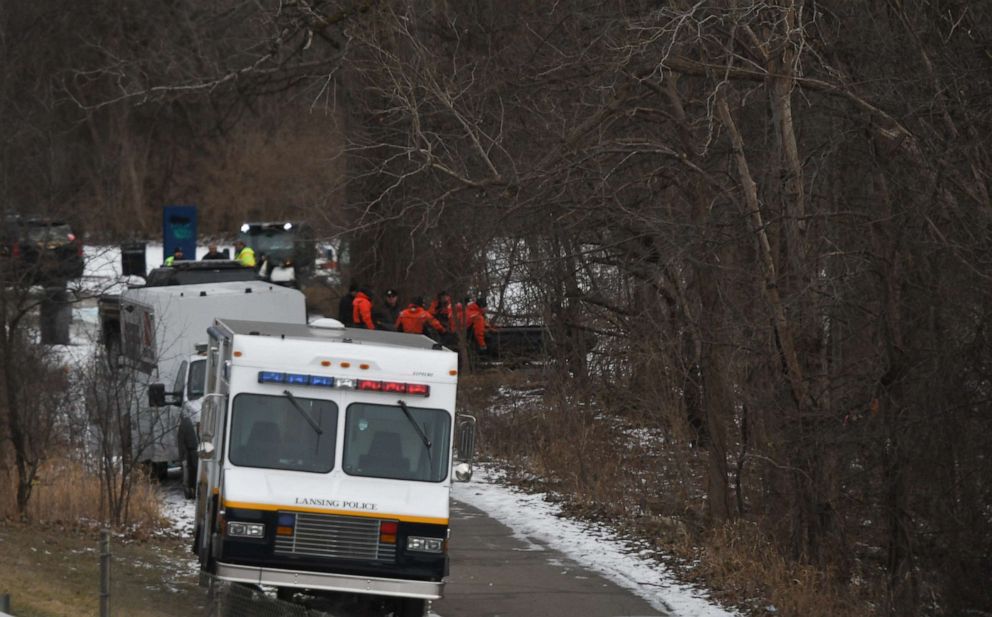 PHOTO: Search, rescue, and water recovery teams from multiple agencies search for Grand Valley State University student Brendan Santo along the Red Cedar River, Jan. 21, 2022, in Lansing, Mich.