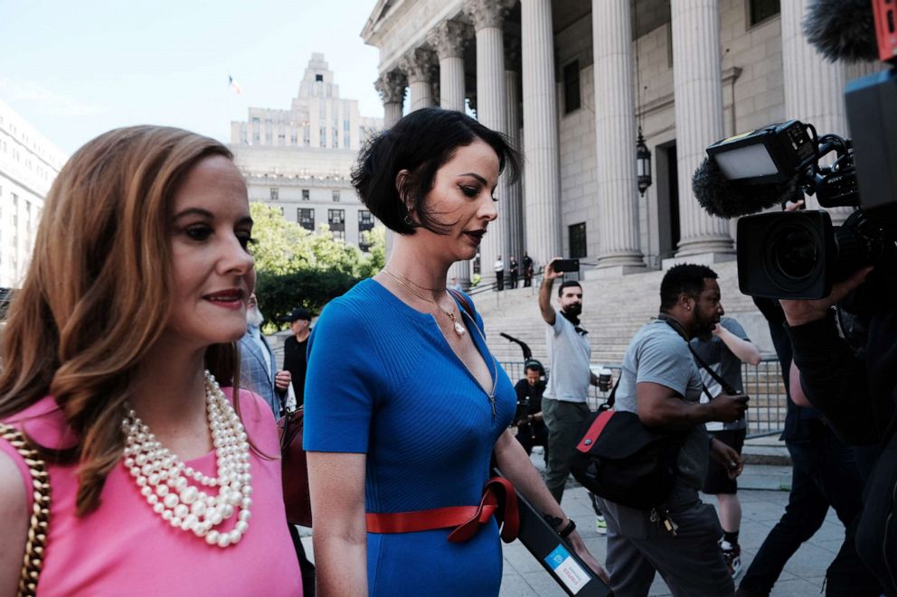 PHOTO: Jeffrey Epstein's victims Sarah Ransome (C) and Elizabeth Stein (L) arrive at Manhattan Federal court for the sentencing of former socialite Ghislaine Maxwell on June 28, 2022 in New York City.