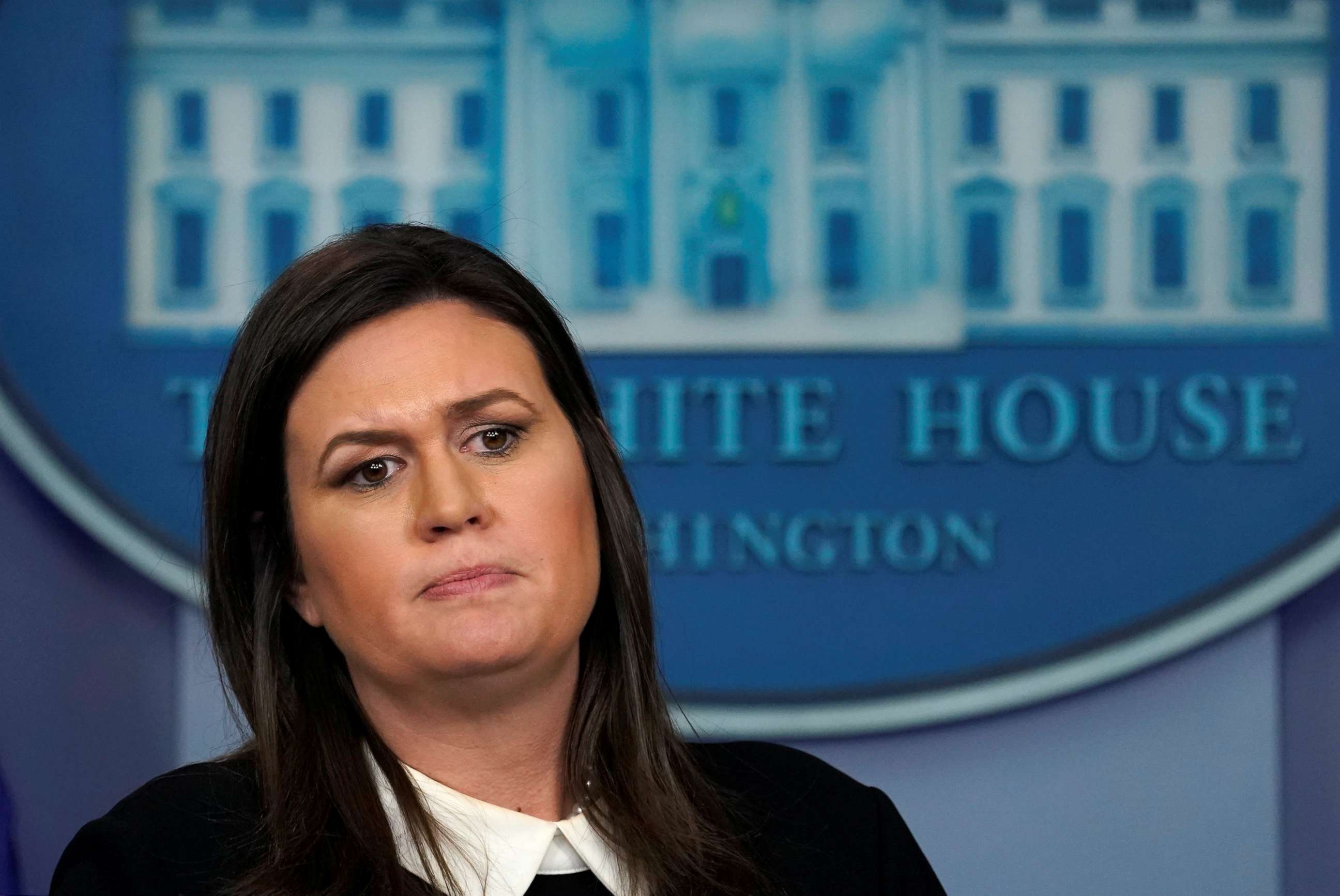 PHOTO: White House spokeswoman Sarah Sanders pauses during a press briefing at the White House in Washington, Dec. 18, 2018.