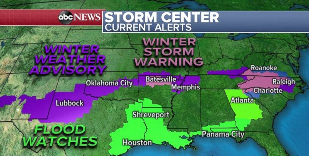 PHOTO: Winter weather alerts and flood watches are in place due to the storm system moving through the South and Southeast over the weekend.