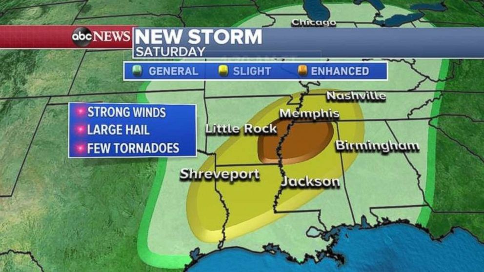 PHOTO: Strong winds, large hail and possible tornadoes threaten the Deep South on Saturday.