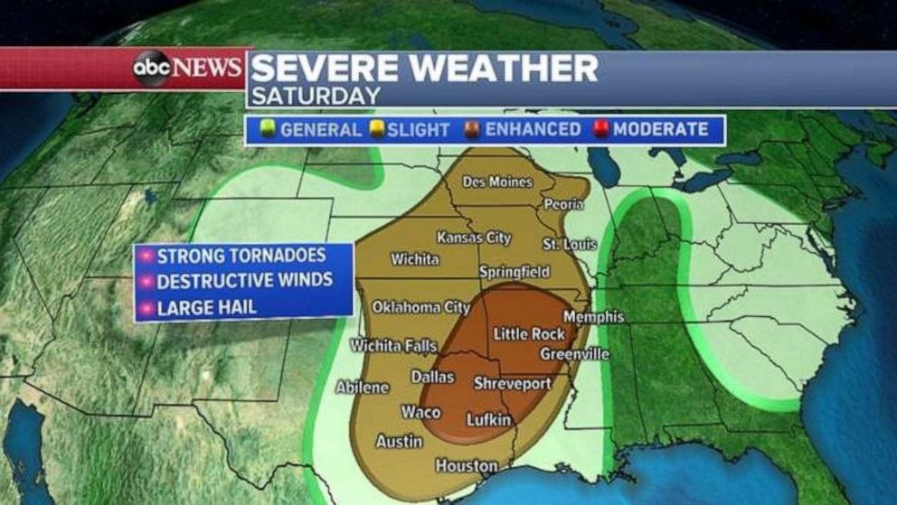 PHOTO: The chance of strong tornadoes, destructive winds and large hail are all possible in the central U.S. on Saturday.