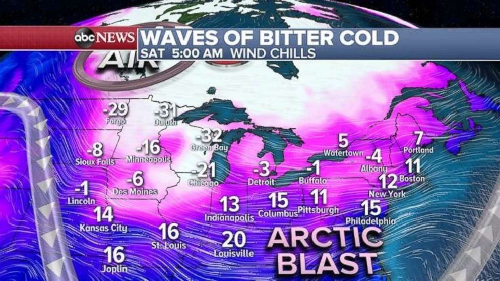 PHOTO: The arctic blast will continue on Saturday with wind chills in the teens across most of the Northeast and Midwest.