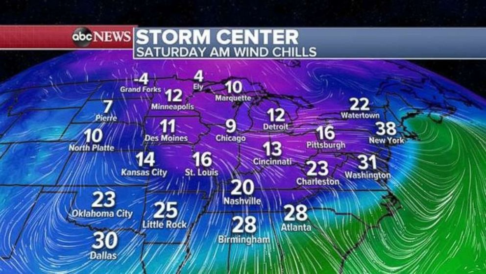 PHOTO: Wind chill readings are in the single digits and teens across much of the central U.S. on Saturday morning.