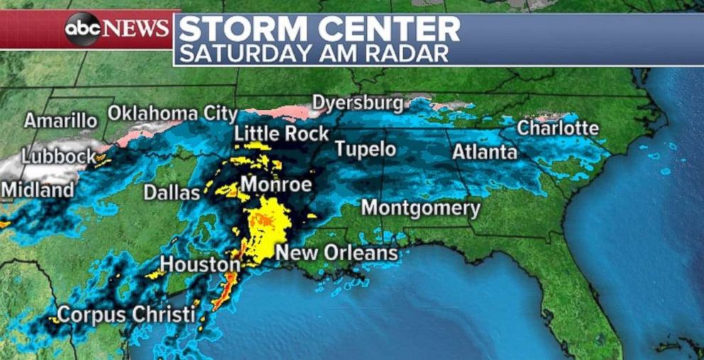 PHOTO: Heavy rain is falling in the South on Saturday morning with snow in northwestern Texas.