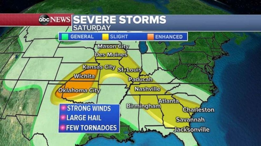 PHOTO: Severe storms are possible in the Plains, and into the Southeast, on Saturday.