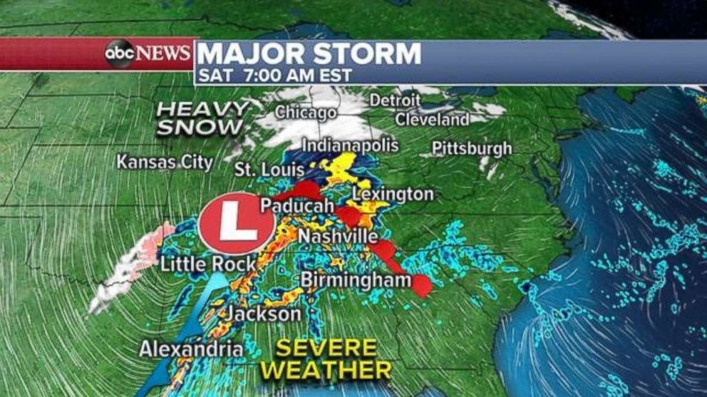 PHOTO: The storm is delivering snow to the Midwest on Saturday morning with severe weather possible in the South.