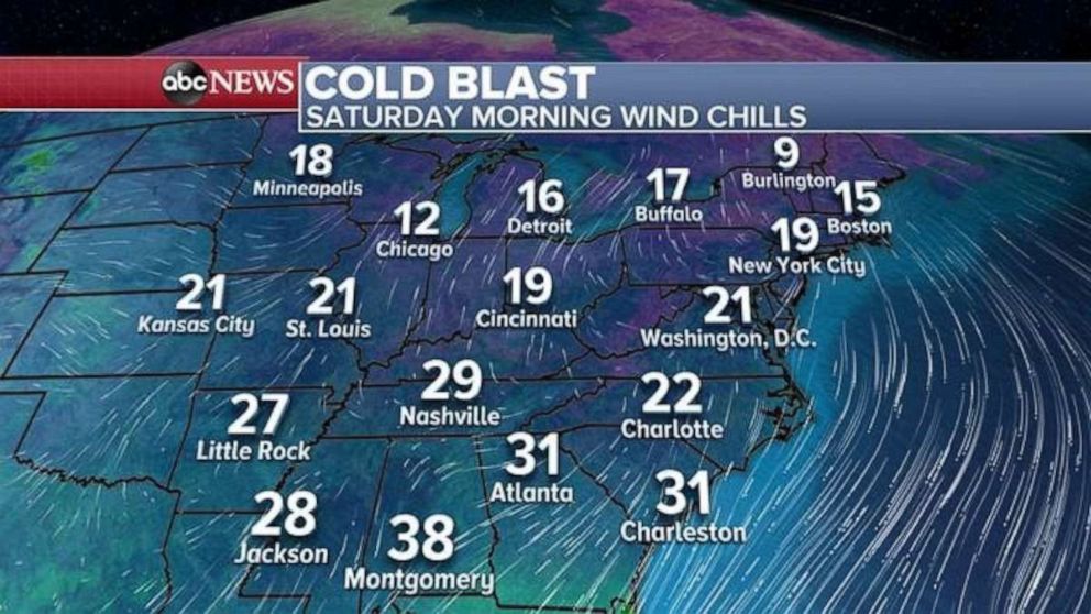 PHOTO: Wind chills are in the teens and 20s across the eastern U.S. on Saturday morning.
