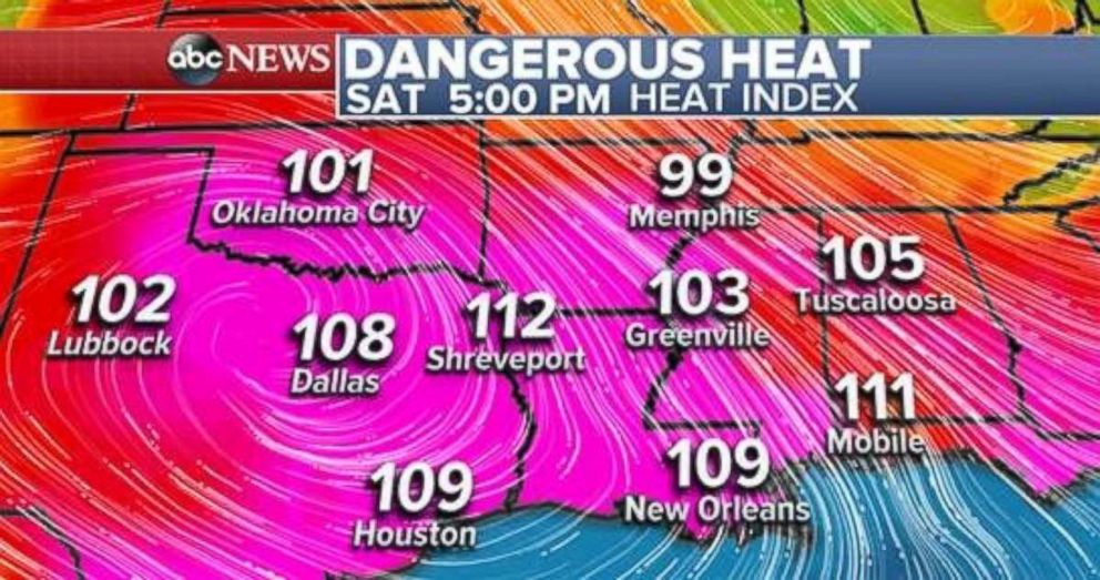 Temperatures will be over 100 degrees across the entire southern U.S. on Saturday afternoon.