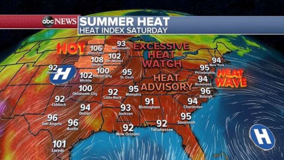 PHOTO: The heat index will be in the 90s across much of the country on Saturday.