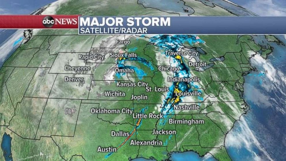 PHOTO: A long line of storms stretches from the Great Lakes south to Alabama.