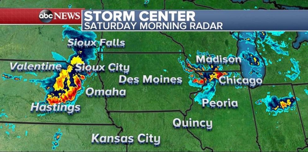 Storms are moving through Nebraska and northern Illinois on Saturday morning.