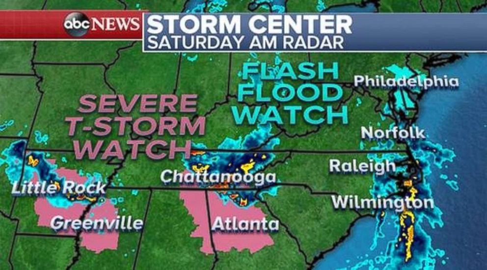 Severe thunderstorm watches are in place in the South, while flash floods are possible along the coast.