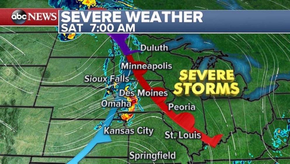 A line of severe storms is moving through the Plains on Saturday morning.