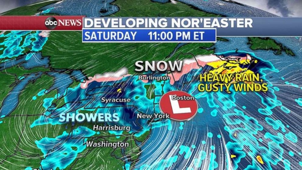 PHOTO: Rain will cover New York and New England with rain -- and in the far north with snow -- on Saturday night.