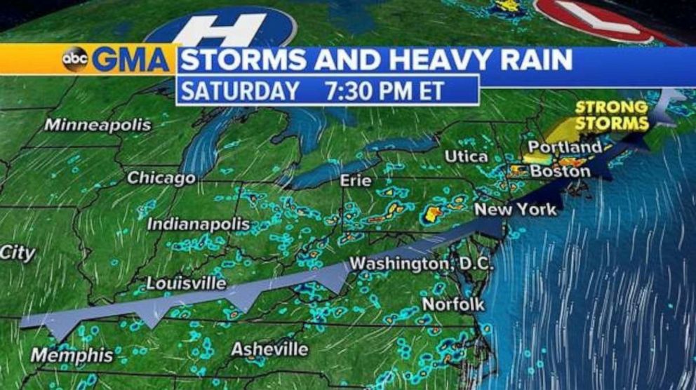 PHOTO: Heavy rain is likely across wide sections of the East Coast, including the Northeast, on Saturday afternoon and evening.