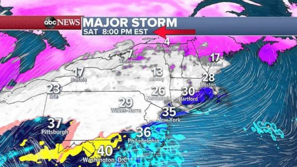 PHOTO: Snow will fall across much of Pennsylvania, New York and interior New England by Saturday night.
