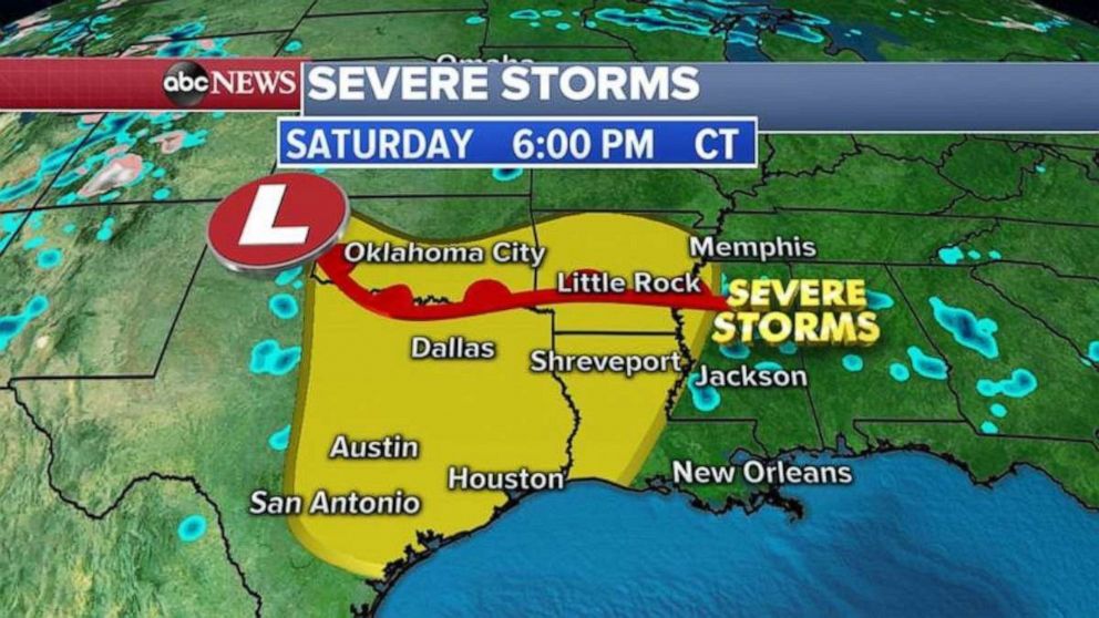 PHOTO: The severe weather threat expands to eastern Texas, southern Oklahoma, and parts of Arkansas and Louisiana on Saturday.