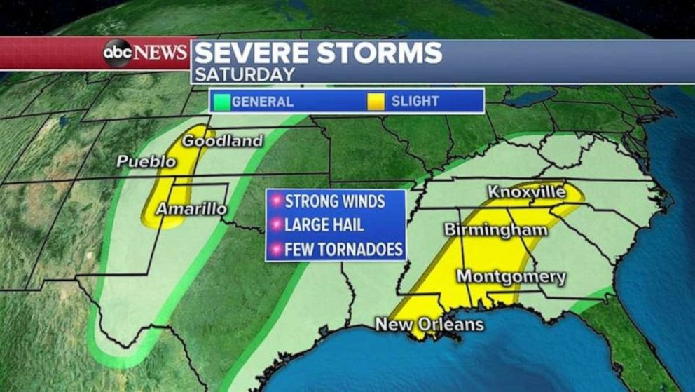 PHOTO: Severe weather is possible in the Southern Plains, as well as the Gulf Coast, on Saturday.