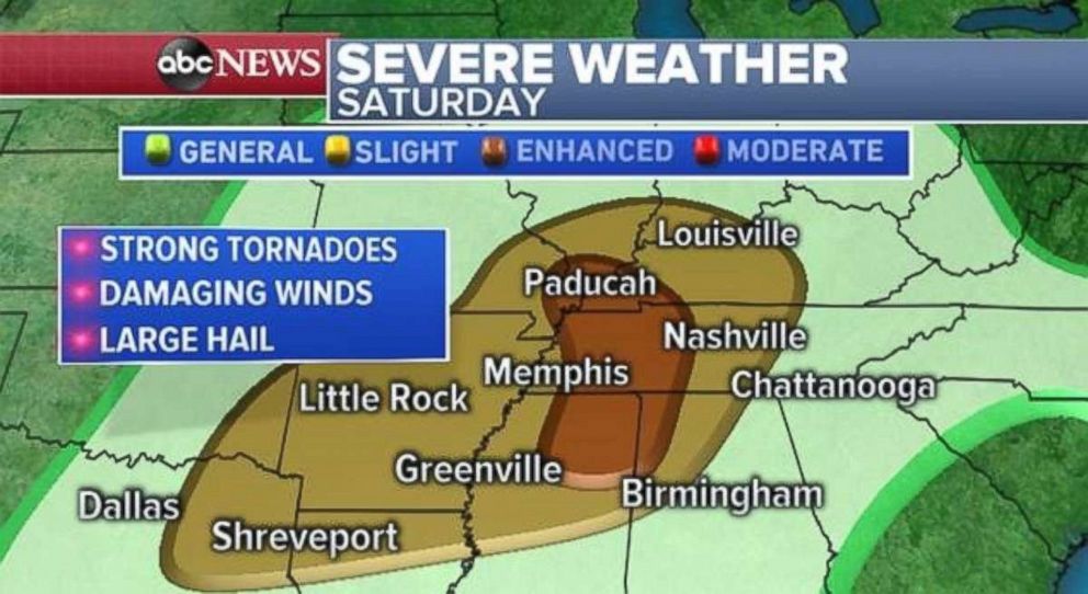 PHOTO: Tornadoes, hail and damaging winds are all possible, especially in western Tennessee and northern Mississippi.