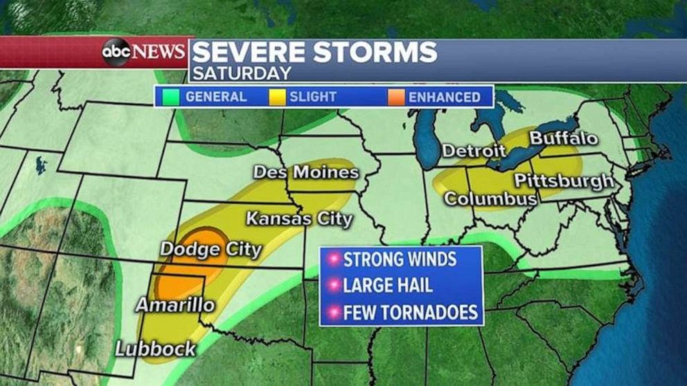 PHOTO: The threat for severe weather is most prominent in the Southern Plains on Saturday.