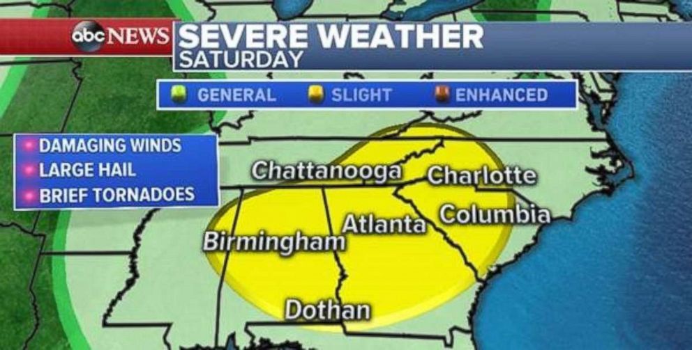Damaging winds and large hail are possible across the Southeast on Saturday.