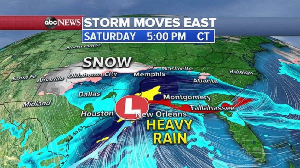 PHOTO: The heavy rain will move into Louisiana, Mississippi and Alabama on Saturday, with snow falling in Oklahoma.