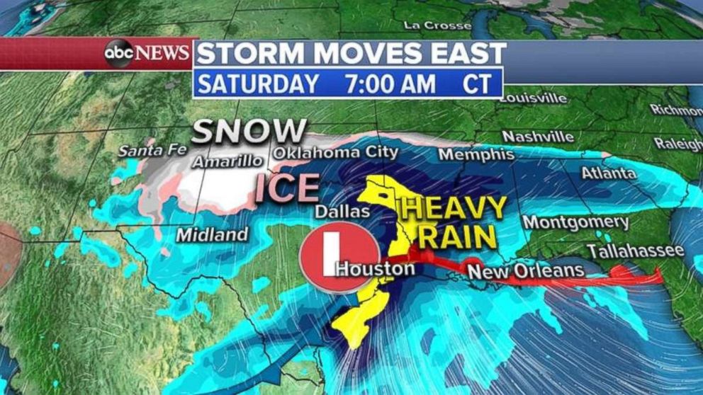 PHOTO: The heavy rain, snow and ice will move into parts of Texas, Oklahoma and the Deep South on Saturday morning.