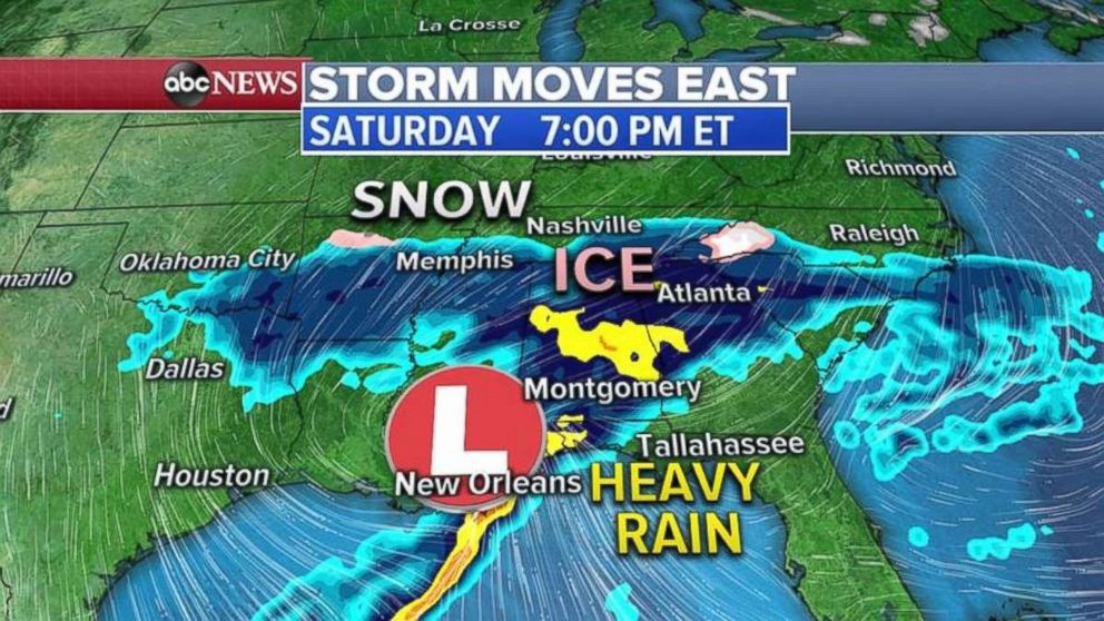 PHOTO: The storm will move in the South on Saturday, bringing mostly rain.