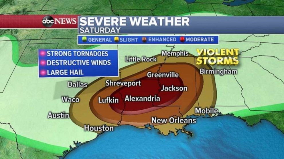 Strong tornadoes, destructive winds and large hail are possible from eastern Texas to Louisiana and Mississippi.