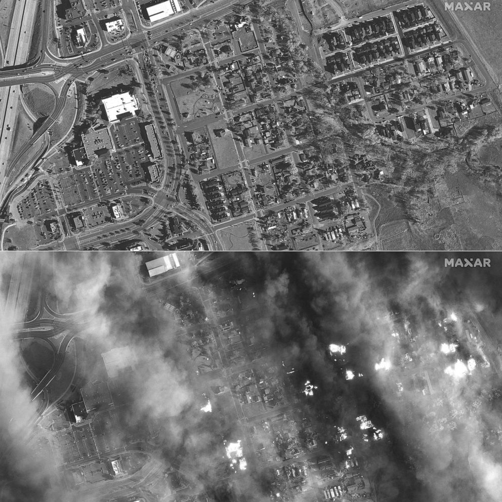 PHOTO: Satellite images shows homes and a shopping center before the fire (top) in Superior, Boulder County, Colo., early on December 30, 2021 and engulfed in smoke (bottom) in the afternoon of the same day.