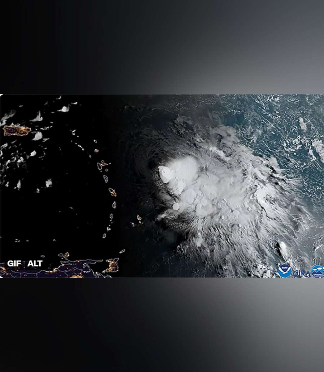 PHOTO: A satellite image shows Tropical Storm Fiona building to the east of Puerto Rico, Sept. 16, 2022. Warnings are in effect for the northern Leeward Islands with Tropical Storm Warnings in effect for Puerto Rico and the Virgin Islands.