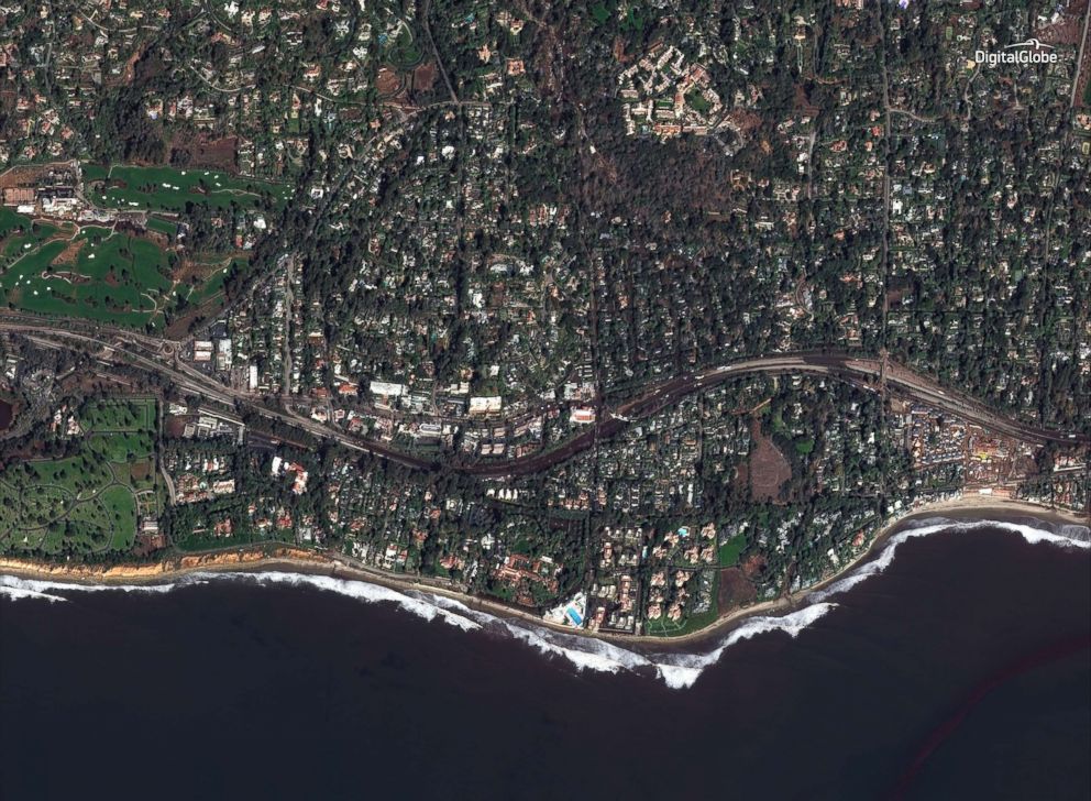 PHOTO: A satellite image made on Jan. 10, 2018, shows a southern portion of Montecito, Calif., and Highway 101 after the mudslides.