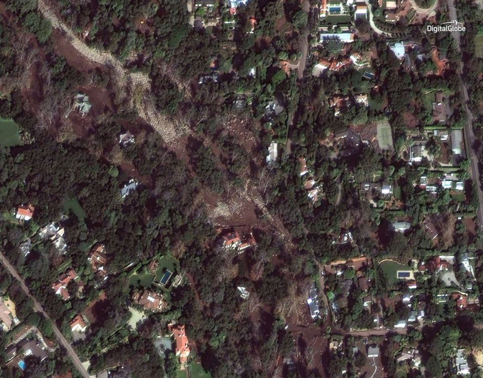 PHOTO: Mud and damaged homes are seen in Montecito, Calif., near Para Grande Lane and East Valley Road in a satellite image made on Jan. 11, 2018.