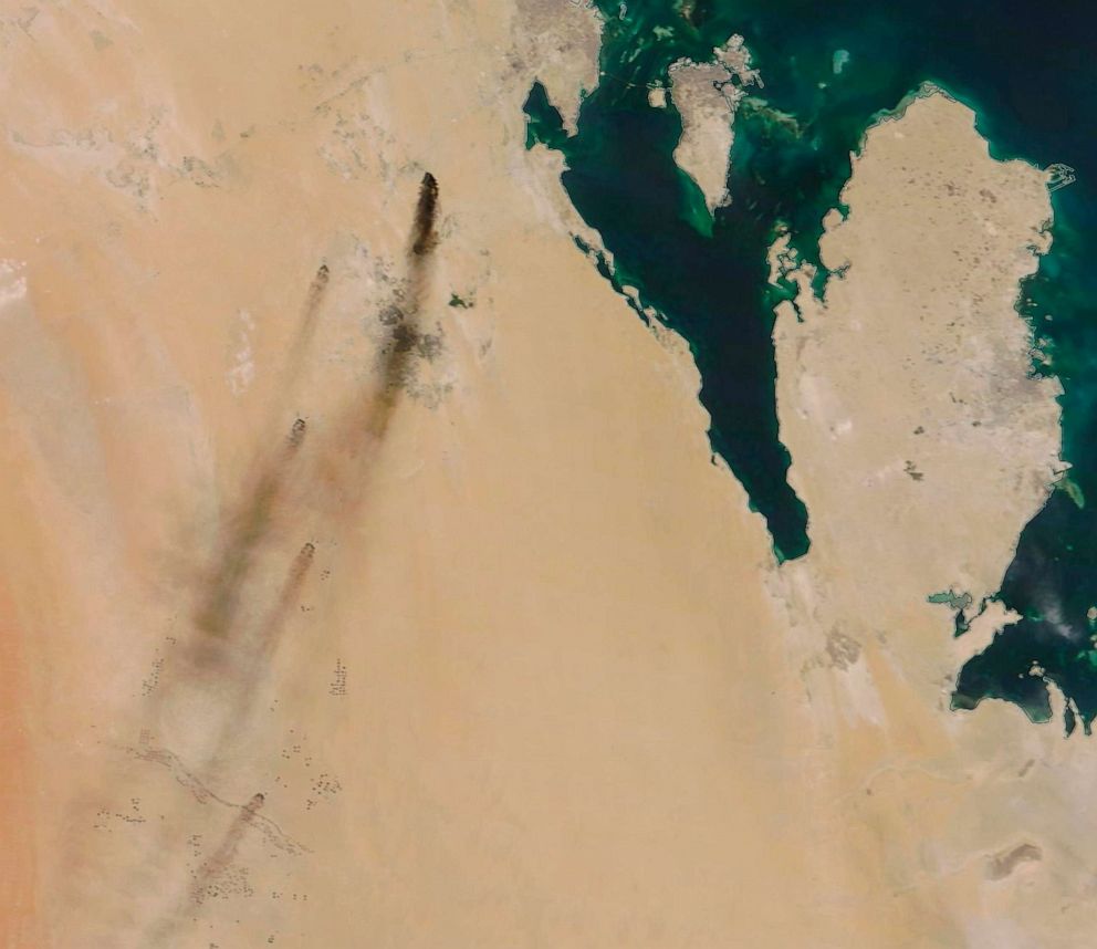 PHOTO: This Sept. 14, 2019, satellite image provided by NASA Worldview shows fires following Yemen's Houthi rebels claiming a drone attack on two major oil installations in eastern Saudi Arabia.