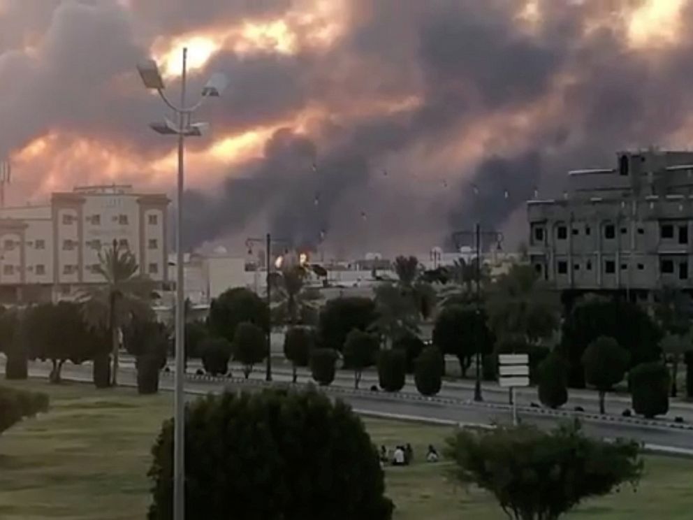 PHOTO: Smoke is seen following a fire at an Aramco factory in Abqaiq, Saudi Arabia, September 14, 2019, in this picture obtained from social media.