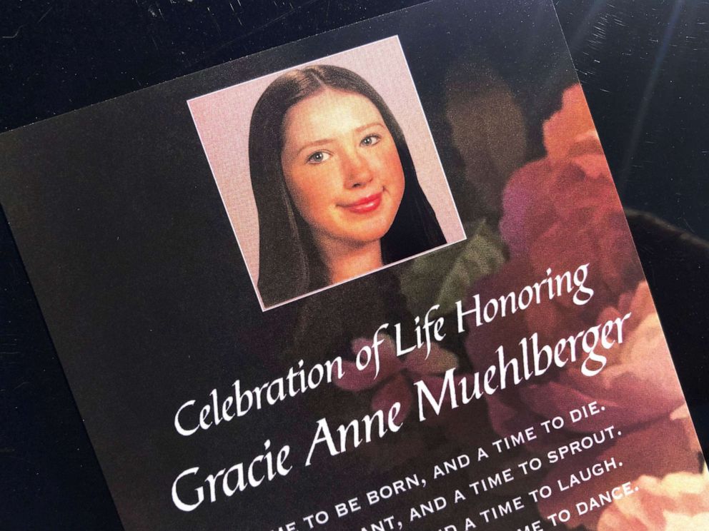PHOTO:A pamphlet is displayed at the celebration of life honoring 15-year-old Gracie Anne Muehlberger, one of two students killed in the shooting at Saugus High School, during a service at Real Life Church, Nov. 23, 2019, in Valencia, Calif.