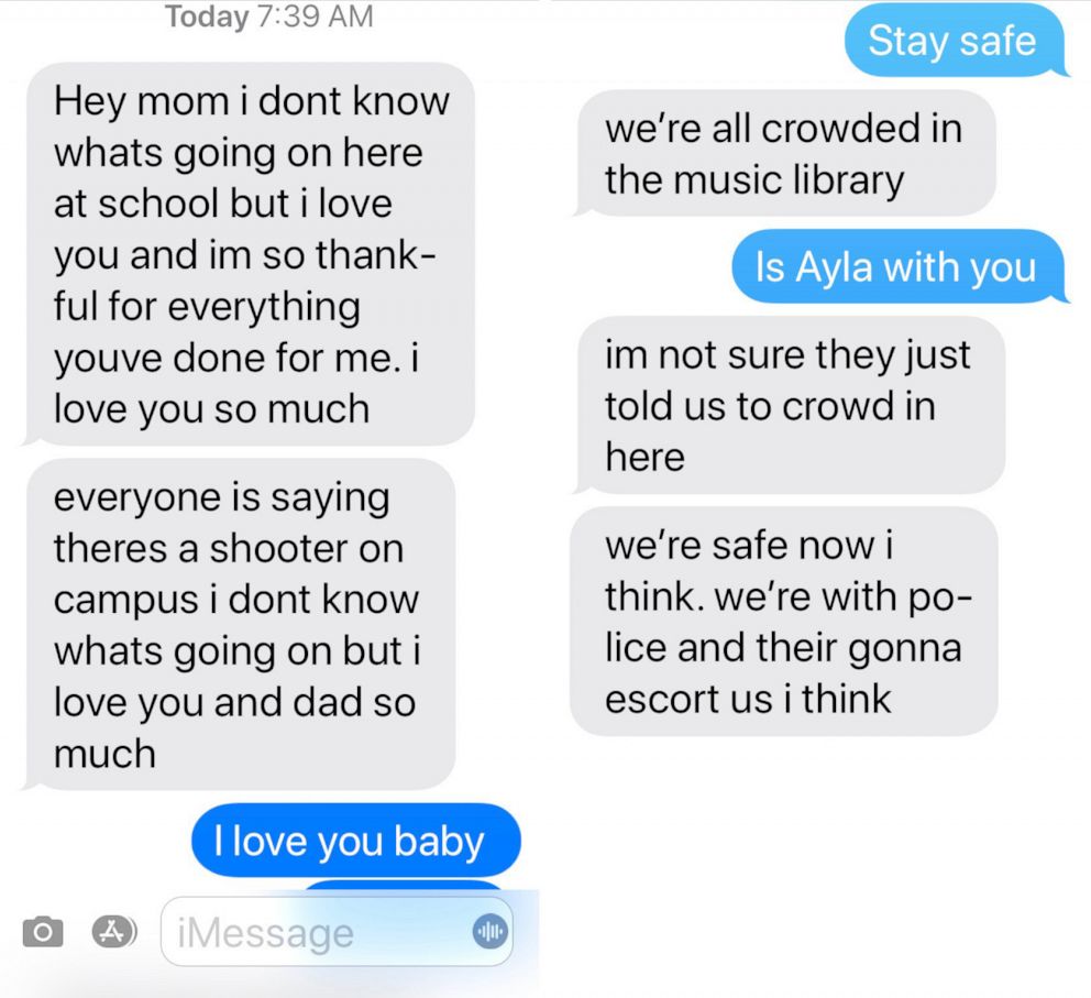 PHOTO: Text message between Cari Wright and her daughter during the school shooting at Saugus High School in Santa Clarita, Calif., Nov. 14, 2019. 