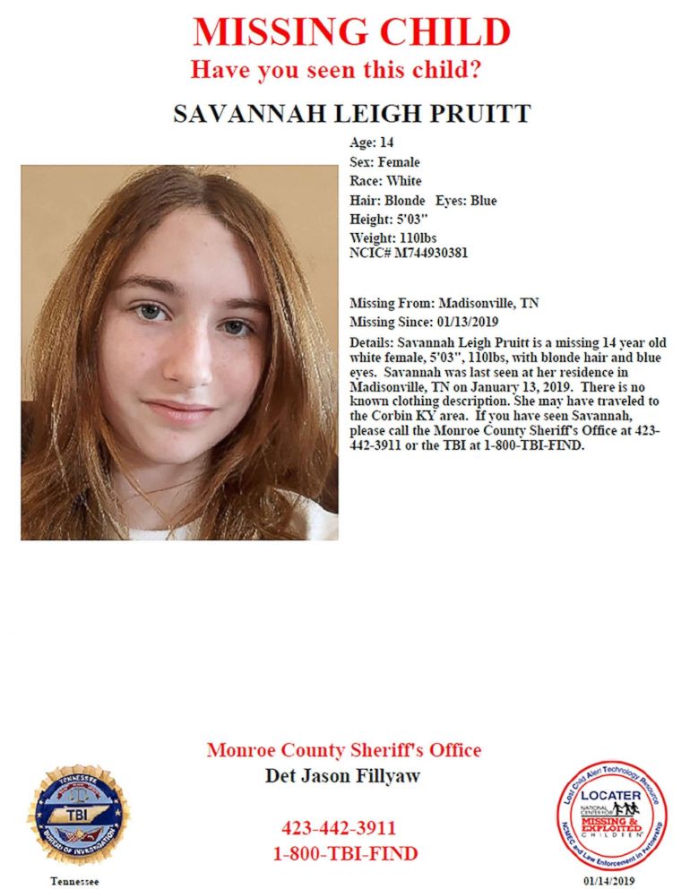 PHOTO: Savannah Leigh Pruitt is pictured in this undated poster released by Tennessee Bureau of Investigation.
