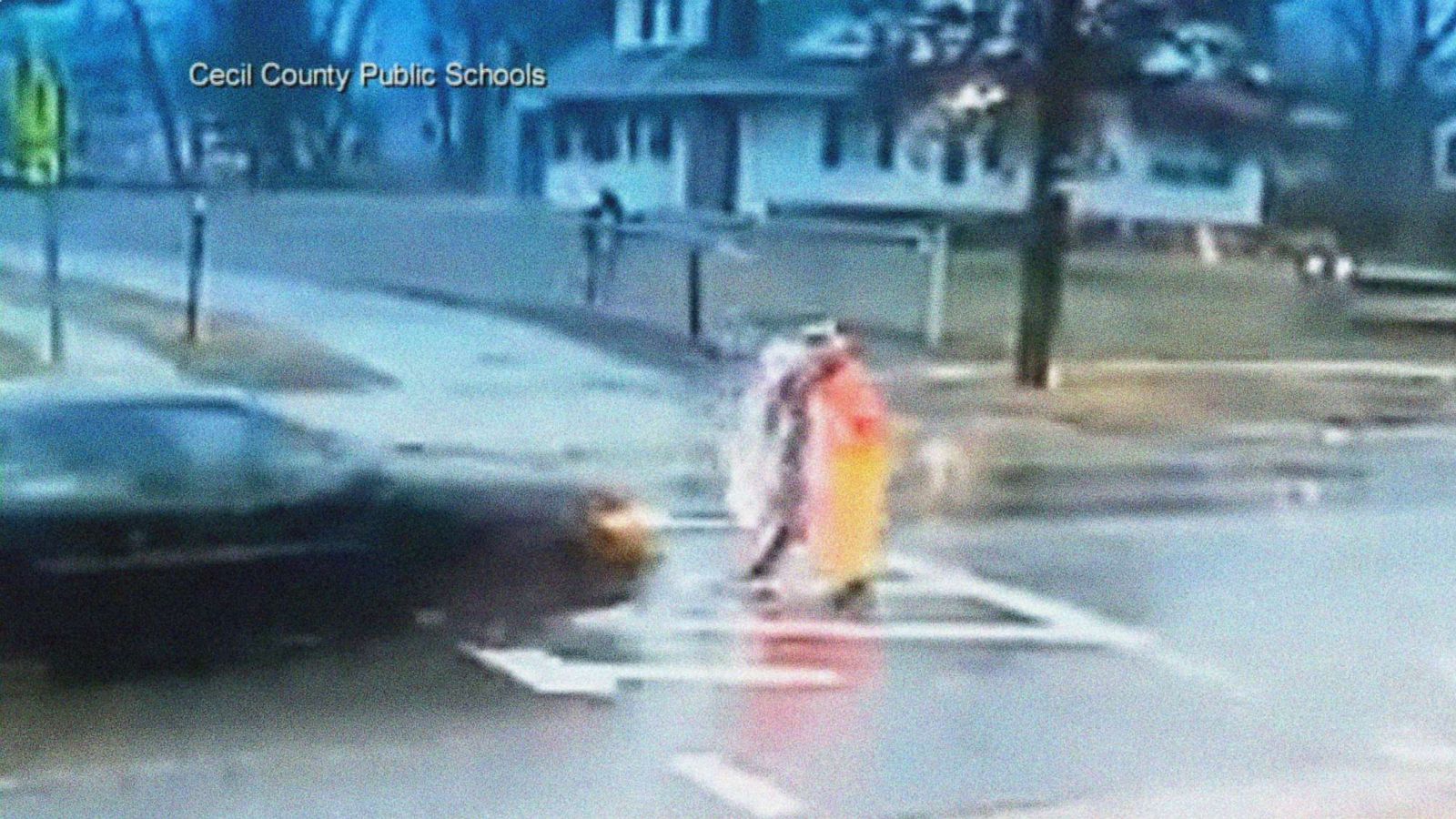 PHOTO: Crossing guard Corporal Annette Goodyear is shown moving aside 11-year-old Violet Watt, preventing her from being hit by a speeding vehicle in an image from video released by Cecil County Public Schools.