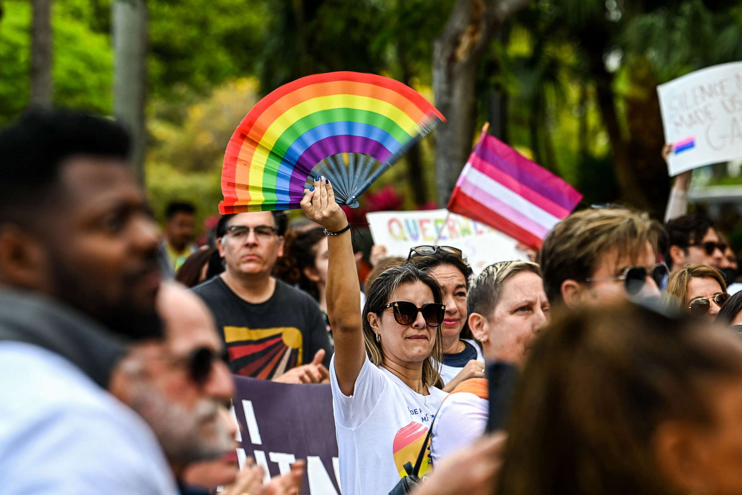 PHOTO:  Members and supporters of the LGBTQ community attend the "Say Gay Anyway" rally in Miami, March 13, 2022. Florida's state senate passed a bill banning lessons on sexual orientation and gender identity in elementary schools.