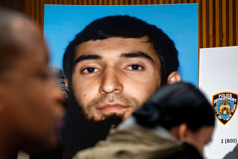 PHOTO: The mugshot of Sayfullo Saipov is displayed at a news conference at One Police Plaza in New York, Nov. 1, 2017.