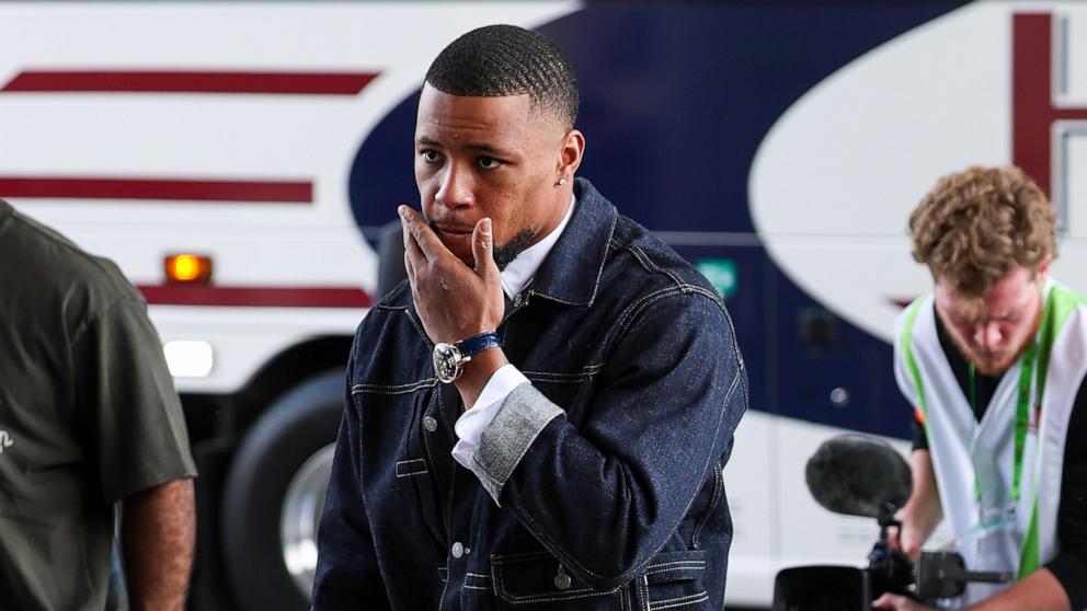 PHOTO: Saquon Barkley of the Philadelphia Eagles arrives to the stadium before Super Bowl LIX against the Kansas City Chiefs, Feb. 9, 2025 in New Orleans.