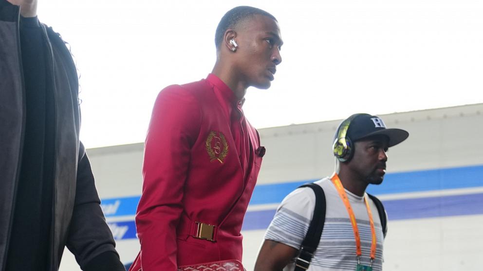 PHOTO: DeVonta Smith of the Philadelphia Eagles arrives prior to Super Bowl LIX against the Kansas City Chiefs at Caesars Superdome, Feb. 9, 2025, in New Orleans.