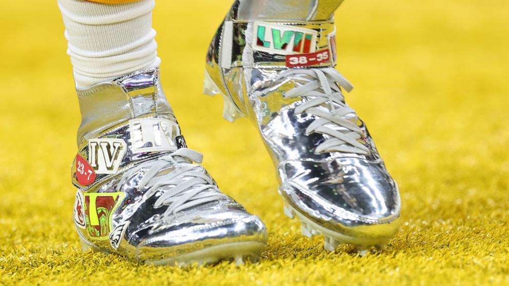 PHOTO: Charles Omenihu of the Kansas City Chiefs cleats are seen on the field prior to Super Bowl LIX against the Philadelphia Eagles, Feb. 9, 2025, in New Orleans.